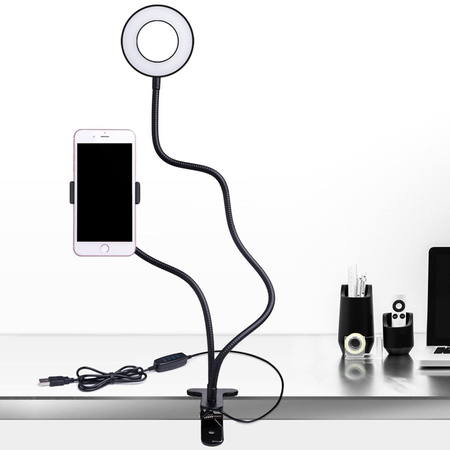 Lampa LED 9 cm pierścieniowa do telefonu z klipsem czarna USB