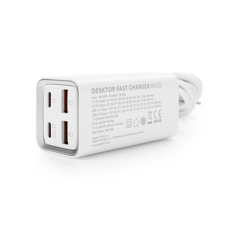 Wielofunkcyjna, szybka ładowarka 65 W Spacetronik SR102, 2x USB-C, 2x USB-A QC3.0