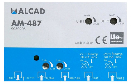 Alcad Wzmacniacz Masztowy AM-487 12V 32dB 2xUHF+VHF/BIII+FM LTE700