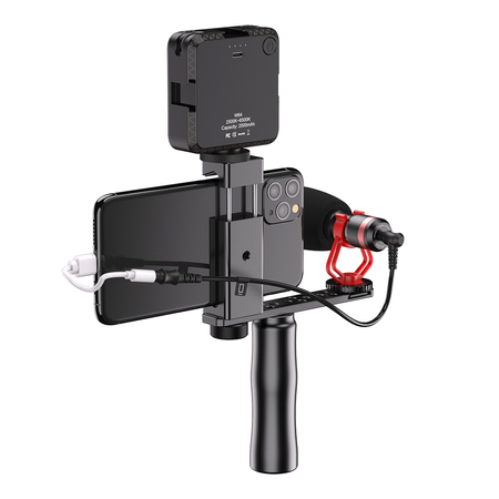Mikrofon z uchwytem na telefon selfie stick statyw z lampą LED i okablowaniem