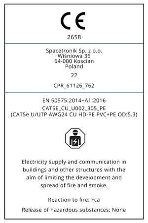 Skrętka kabel LAN zewnętrzny CAT5e U/UTP CU 0.46mm AWG 24/1 PE Spacetronik 305m