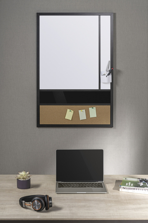 Pionowa tablica z magnesem biała i czarna suchościeralna + korkowa 600x900 mm z uchwytem na pisaki