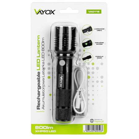 Latarka taktyczna metalowa XHP50 800lm 10W USB-C Vayox VA0116