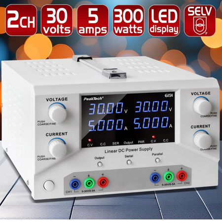 Zasilacz laboratoryjny dwukanałaowy 2x 30V 5A DC PeakTech 6191
