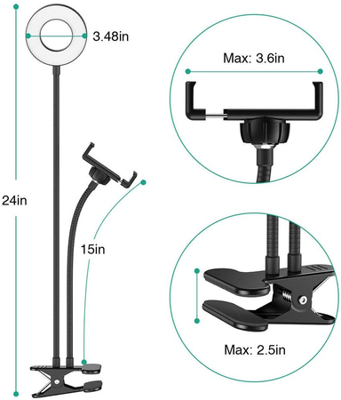 Lampa LED 9 cm pierścieniowa do telefonu z klipsem czarna USB - zdjęcie 2