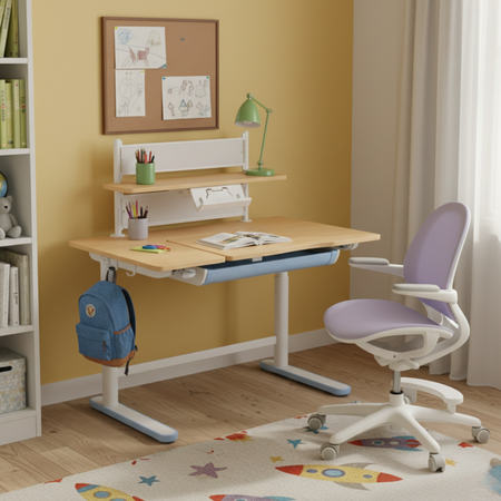 Zestaw dla dziecka regulowane biurko 112×60 z półką + ergonomiczne krzesło Spacetronik XD - zdjęcie 2