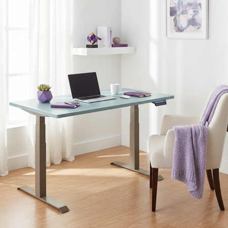 Biurko regulowane Vegard elektryczne dwusilnikowe MDF beżowo-niebieskie - zdjęcie 2