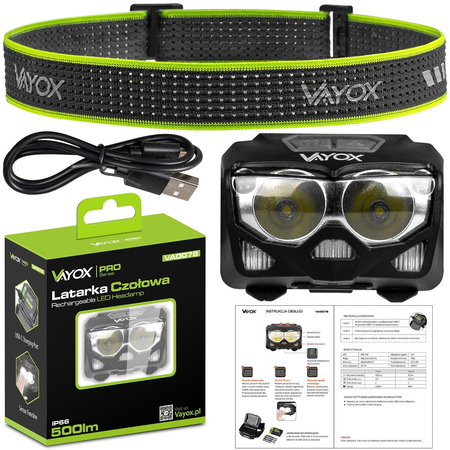 Latarka czołowa na baterie lub akumulator 500lm IP65 LED COB czujnik ruchu Vayox VA0078 - zdjęcie 2