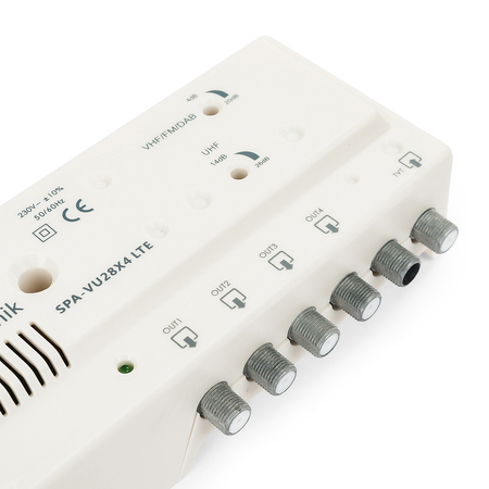 Domowy wzmacniacz telewizyjny z rozgałęźnikiem 4xOUT FM/DAB/VHF  UHF Spacetronik SPA-VU28X4 LTE