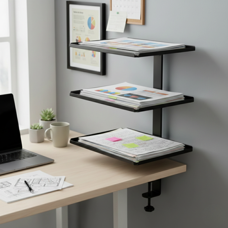 Boczny organizer do biurka na zacisk z półkami czarny SPB147B