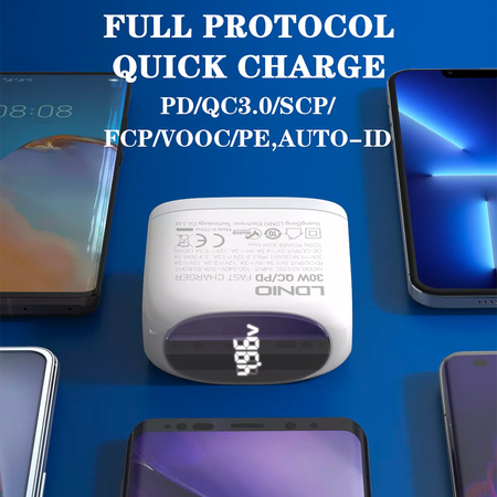 Ładowarka sieciowa USB z wyświetlaczem 30W PD + kabel USB-C / USB-C Szybkie Ładowanie LDNIO A2522C