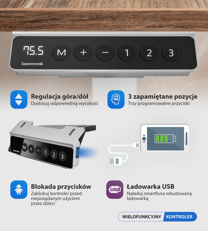 Stelaż do biurka elektrycznego Spacetronik SPE-221B USB czarny