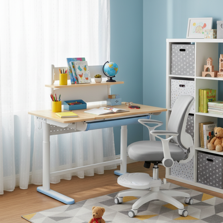 Zestaw dla dziecka regulowane biurko 112×60 z półką + ergonomiczne krzesło Spacetronik XD - zdjęcie 2