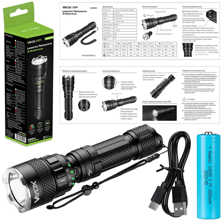Taktische Taschenlampe 3-Farben 15W 1500lm VAYOX VA0099