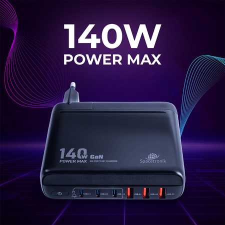 Stacja ładująca GaN 140 W Spacetronik SR103, LED, 6 portów USB (3A3C), PD+QC3.0
