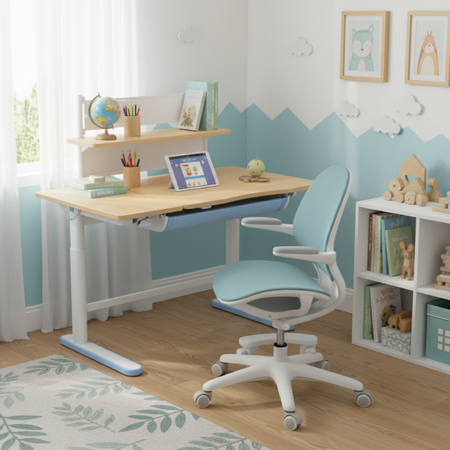 Zestaw dla dziecka regulowane biurko 112×60 z półką + ergonomiczne krzesło Spacetronik XD - zdjęcie 2