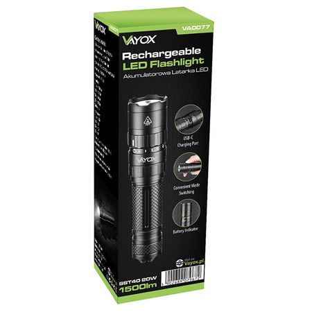Latarka taktyczna akumulatorowa 1500lm IP65 metalowa USB-C Vayox VA0077