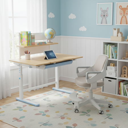 Zestaw dla dziecka regulowane biurko 112×60 z półką + ergonomiczne krzesło Spacetronik XD - zdjęcie 2