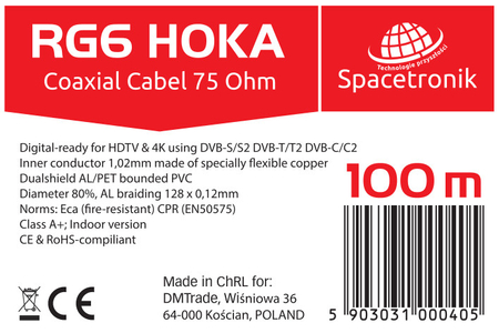 Kabel RG6 Spacetronik HOKA 4K 102 CU Dualshield 100m