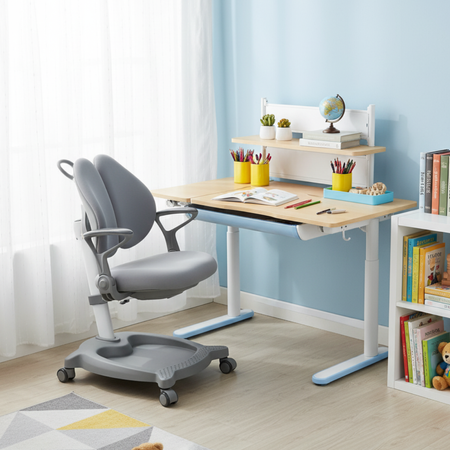 Zestaw dla dziecka regulowane biurko 112×60 z półką + ergonomiczne krzesło Spacetronik XD - zdjęcie 2