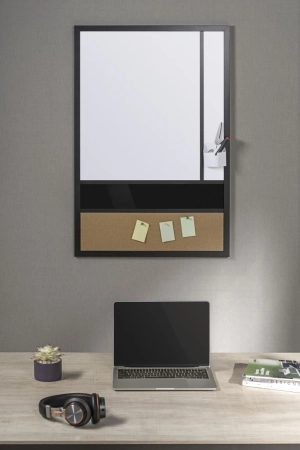 Pionowa tablica z magnesem OUTLET biała i czarna suchościeralna + korkowa 600x900 mm z uchwytem na pisaki