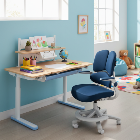 Zestaw dla dziecka regulowane biurko 112×60 z półką + ergonomiczne krzesło Spacetronik XD - zdjęcie 2