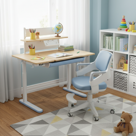 Zestaw dla dziecka regulowane biurko 112×60 z półką + ergonomiczne krzesło Spacetronik XD - zdjęcie 2