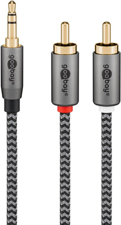 Kabel audio Jack 3,5mm - 2x RCA Goobay Plus oplot tekstylny szaro-czarny 2m - zdjęcie 2