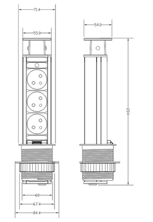 Möbelsteckdose 3x2P+Z Höhe ab Tischplatte 6cm INOX18m Block