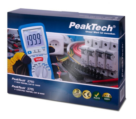 Cyfrowy tester wyłączników różnicowoprądowych, CAT III 600 V, PeakTech 2710