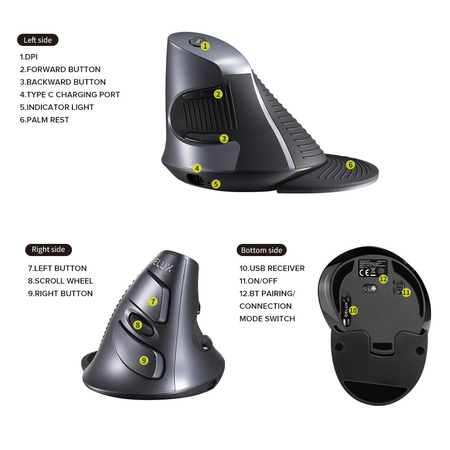 Ergonomische Maus Delux M618G DB in schwarz staubfrei