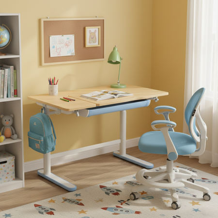 Zestaw dla dziecka regulowane biurko 112×60 z półką + ergonomiczne krzesło Spacetronik XD - zdjęcie 2