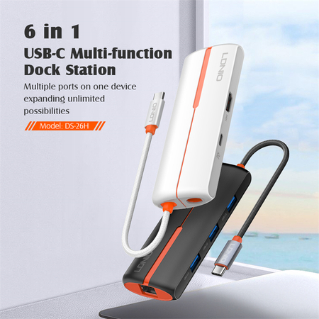 Adapter HUB 6in1 USB-C NA USB 3.0 HDMI PD RJ45 Weiß - zdjęcie 2