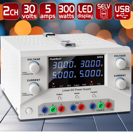 Zasilacz laboratoryjny dwukanałaowy 2x 30V 5A DC USB PeakTech 6193