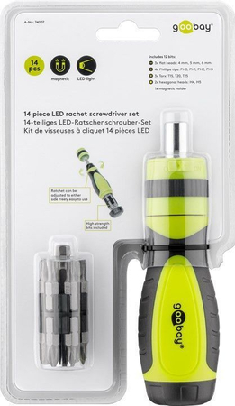 Wkrętak z grzechotką + bity ZESTAW 14-elementowy Goobay