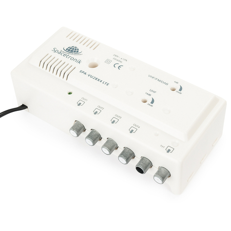 Domowy wzmacniacz telewizyjny z rozgałęźnikiem 4xOUT FM/DAB/VHF  UHF Spacetronik SPA-VU28X4 LTE