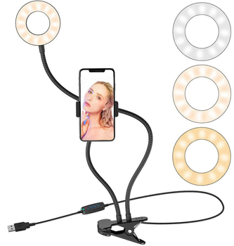 Lampa LED 9 cm pierścieniowa do telefonu z klipsem czarna USB