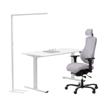 Zestaw ergonomiczny biurko Moris SPE O112WW fotel MENNKAR lampa D22 Pro